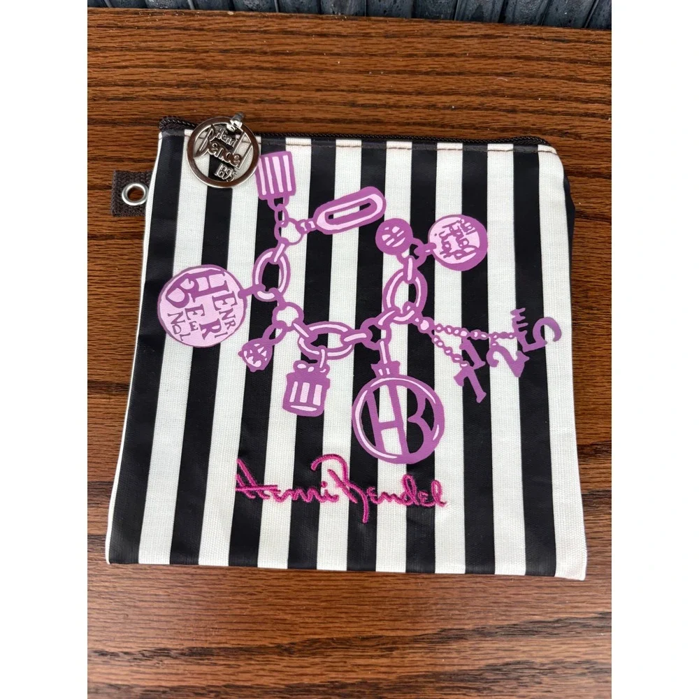 Henri Bendel Black White Striped Small Pouch Purple Charm Graphic Zipper Bag